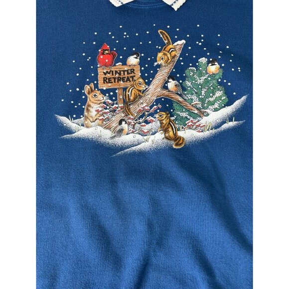 VTG Sz XL Collared Sweatshirt Grannycore Winter Forest Bird Chipmunk Cardinal - Picture 4 of 10